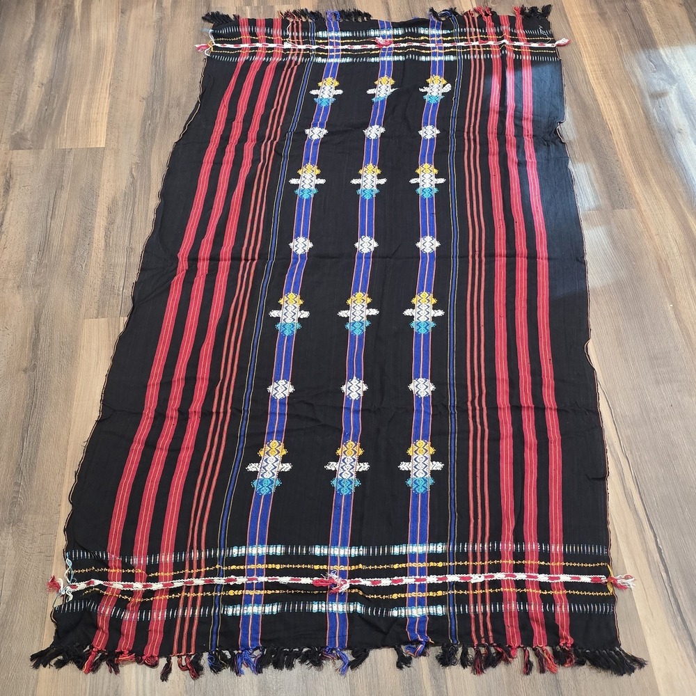 Traditional Naga Scarf Shawl Black Red Blue Ethnic Tribal Vtg Natural Textile